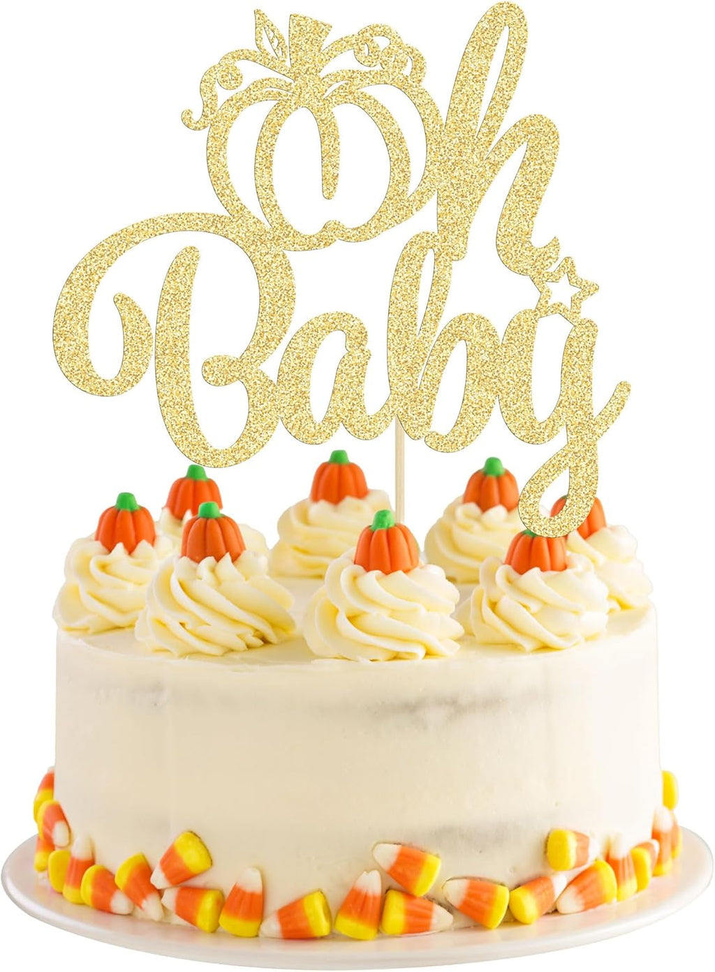 Gyufise 1Pc Pumpkin Oh Baby Cake Topper Glitter Fall Theme Pumpkin Baby Shower Cake Pick Decorations for Baby Shower Kids Birthday Thanksgiving Party Supplies Gold
