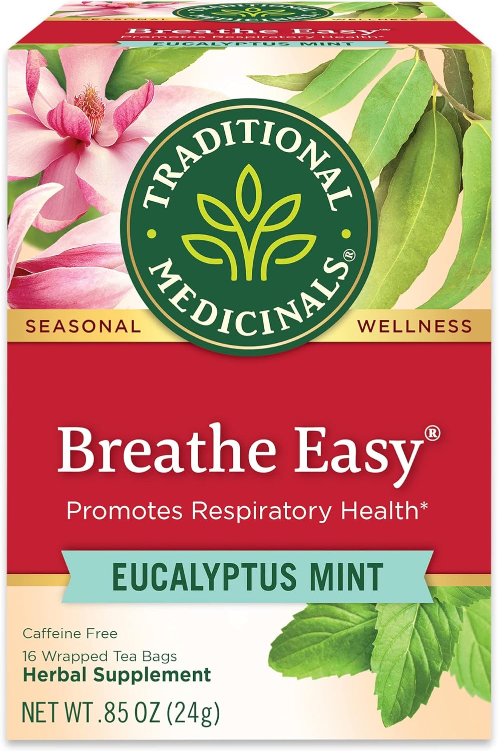 Traditional Medicinals Tea, Breathe Easy with Eucalyptus Mint, Promotes Respiratory Health, Kosher, Non-GMO, Caffeine-Free, Compostable - 16 Tea Bags (Pack of 1)