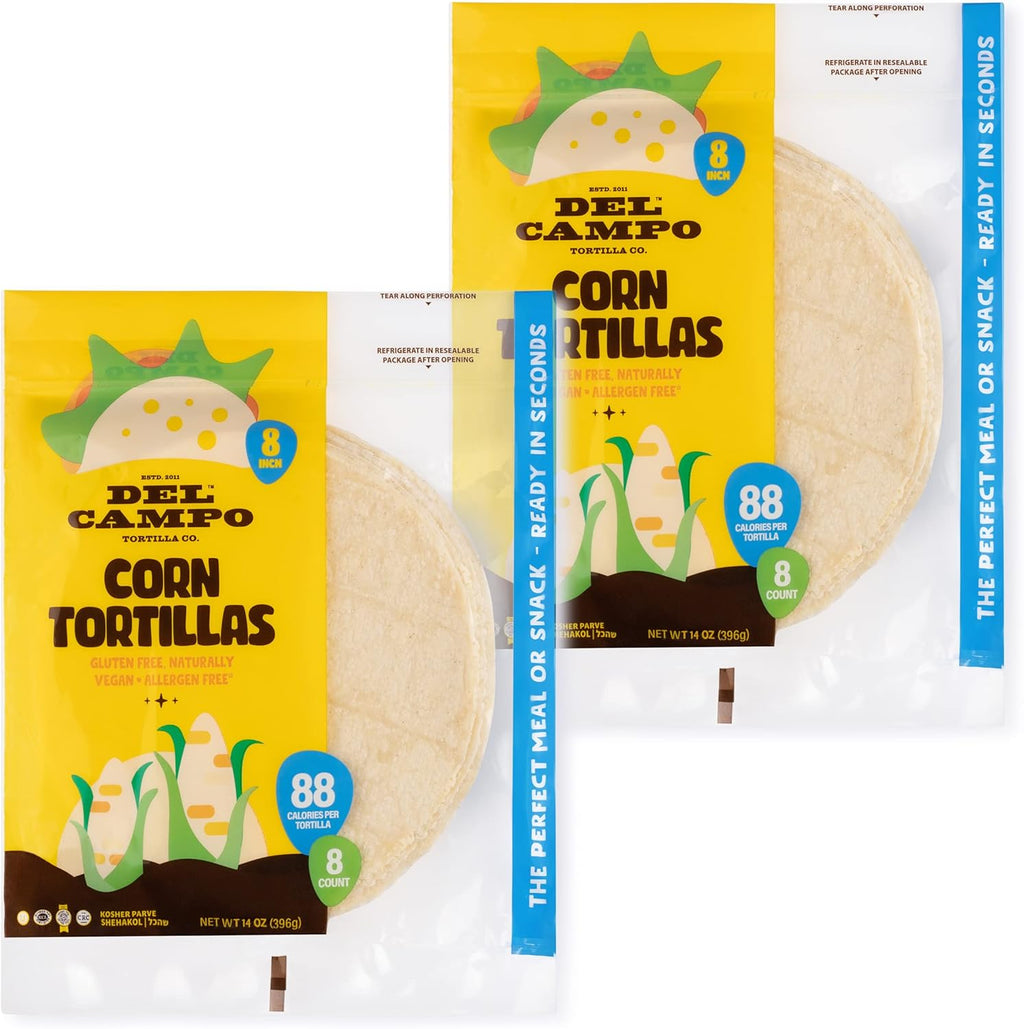 Del Campo Soft Corn Tortillas – 8 Inch Round, Gluten Free and All-Corn Authentic Mexican Food. Many Serving Options: Wraps, Tacos, Quesadillas or Burritos, Kosher. (8ct.) (Pack of 2)