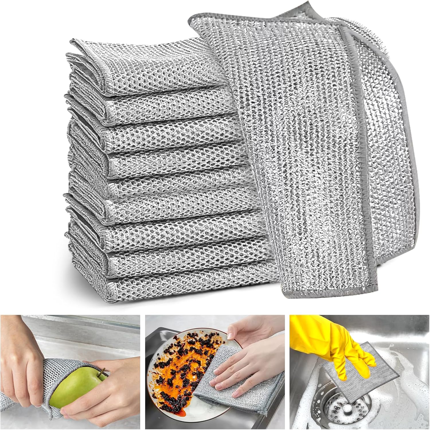 XANGNIER 8 Pcs Multipurpose Wire Dishwashing Rags,New Upgrade Non Scratch Wire Dishcloth,Steel Wool Cleaning Cloths,Multi Purpose Metal Mesh Miracle Cleaning Cloths for Kitchen,Dishes,Sink