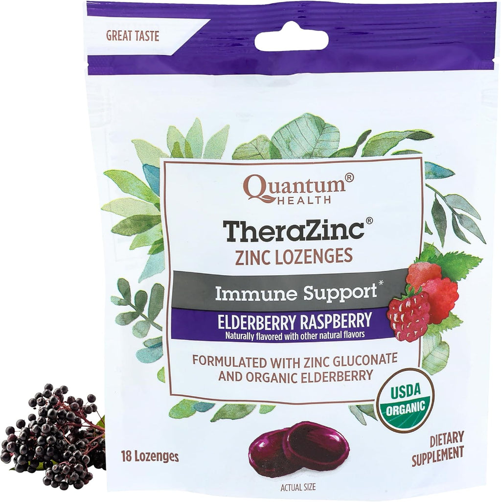 Quantum Health TheraZinc Organic Zinc Lozenges Elderberry Sambucus Raspberry & Honey Immune Support for Adults & Kids 12+ Naturally Flavored Fast Relief with No Aftertaste -18 Count (Package may vary)