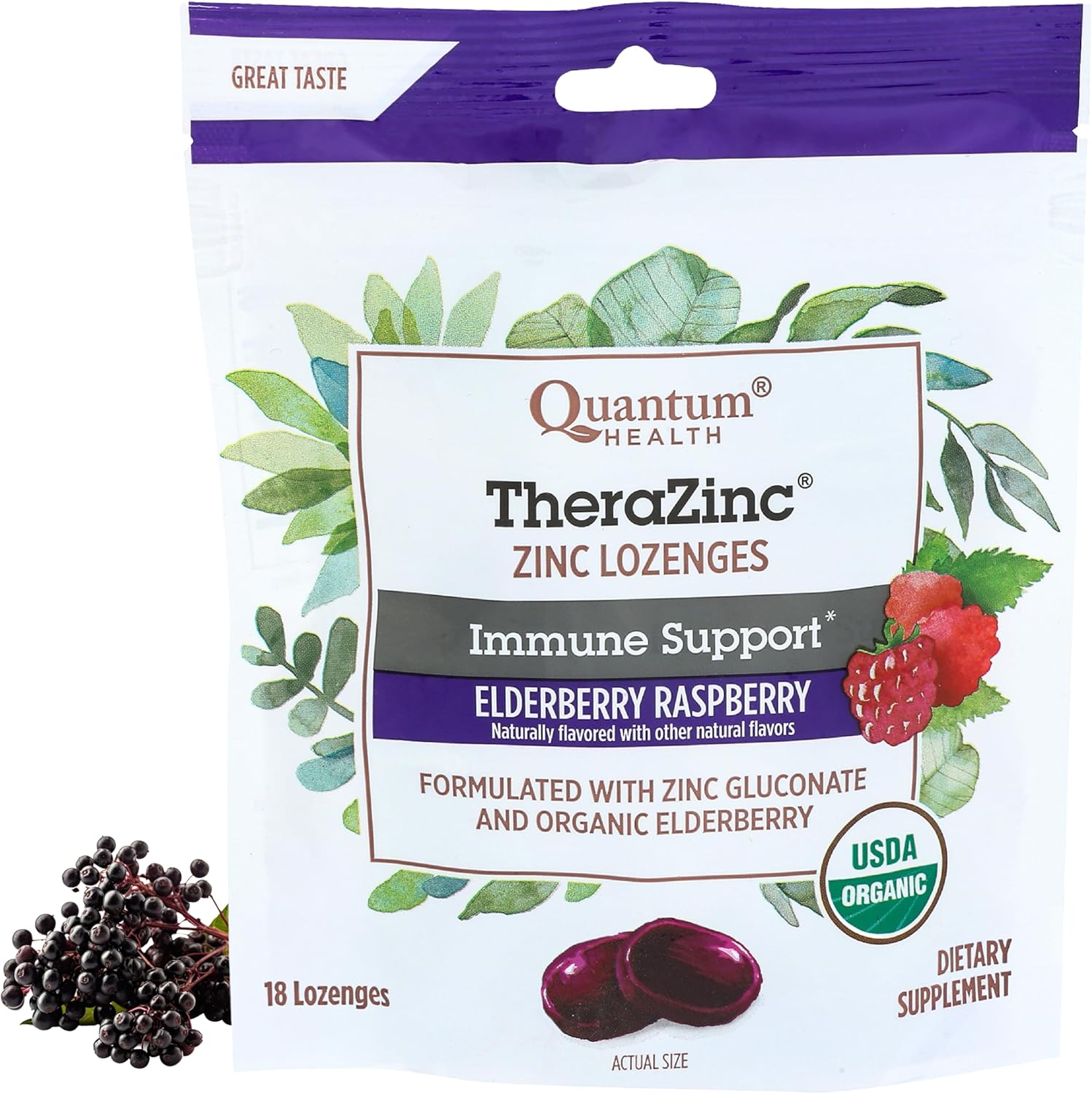 Quantum Health TheraZinc Organic Zinc Lozenges Elderberry Sambucus Raspberry & Honey Immune Support for Adults & Kids 12+ Naturally Flavored Fast Relief with No Aftertaste -18 Count (Package may vary)