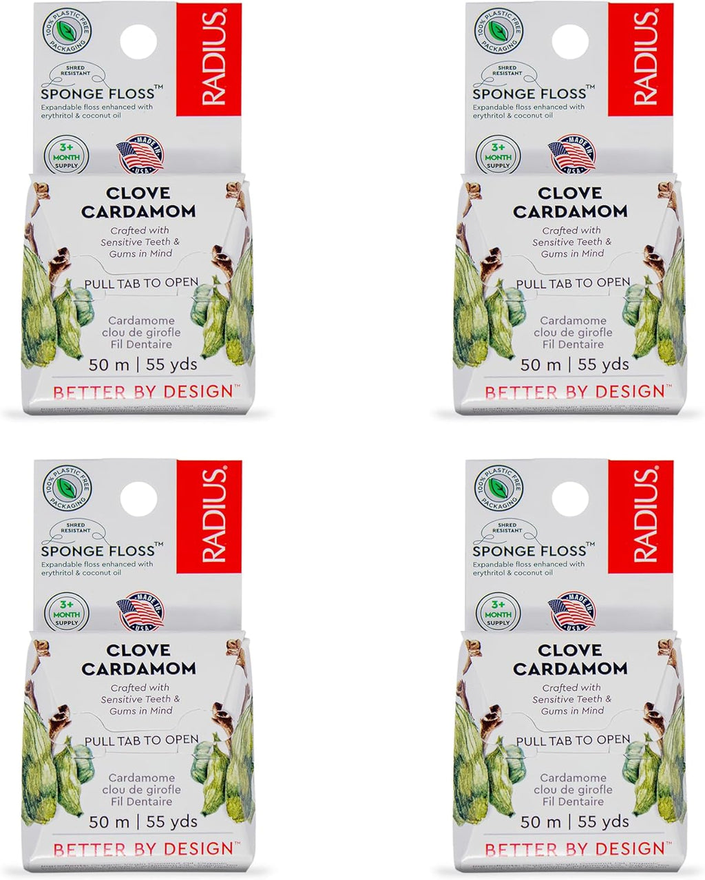 Radius Clove Cardamom Dental Floss 55 Yards Vegan & Non-Toxic Oral Care Boost & Designed to Help Fight Plaque Clear - Pack of 4