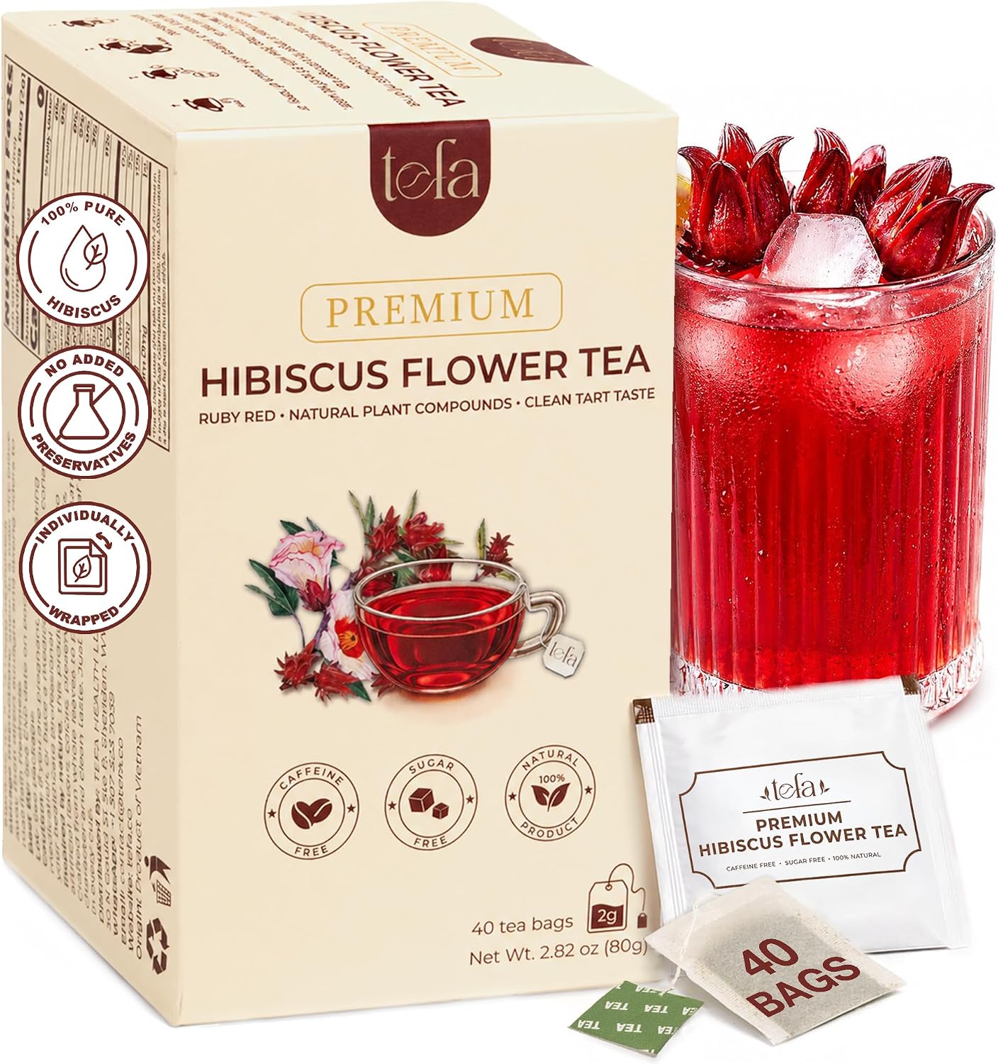 TEFA 40 Natural Hibiscus Tea Bags, 100% Pure Hibiscus Flowers, Refreshing Tart Flavor & Ruby Red Color, Caffeine-Free Herbal Tea, Individually Wrapped, Hot or Iced, Jamaica Tea, No Sugar, Vegan