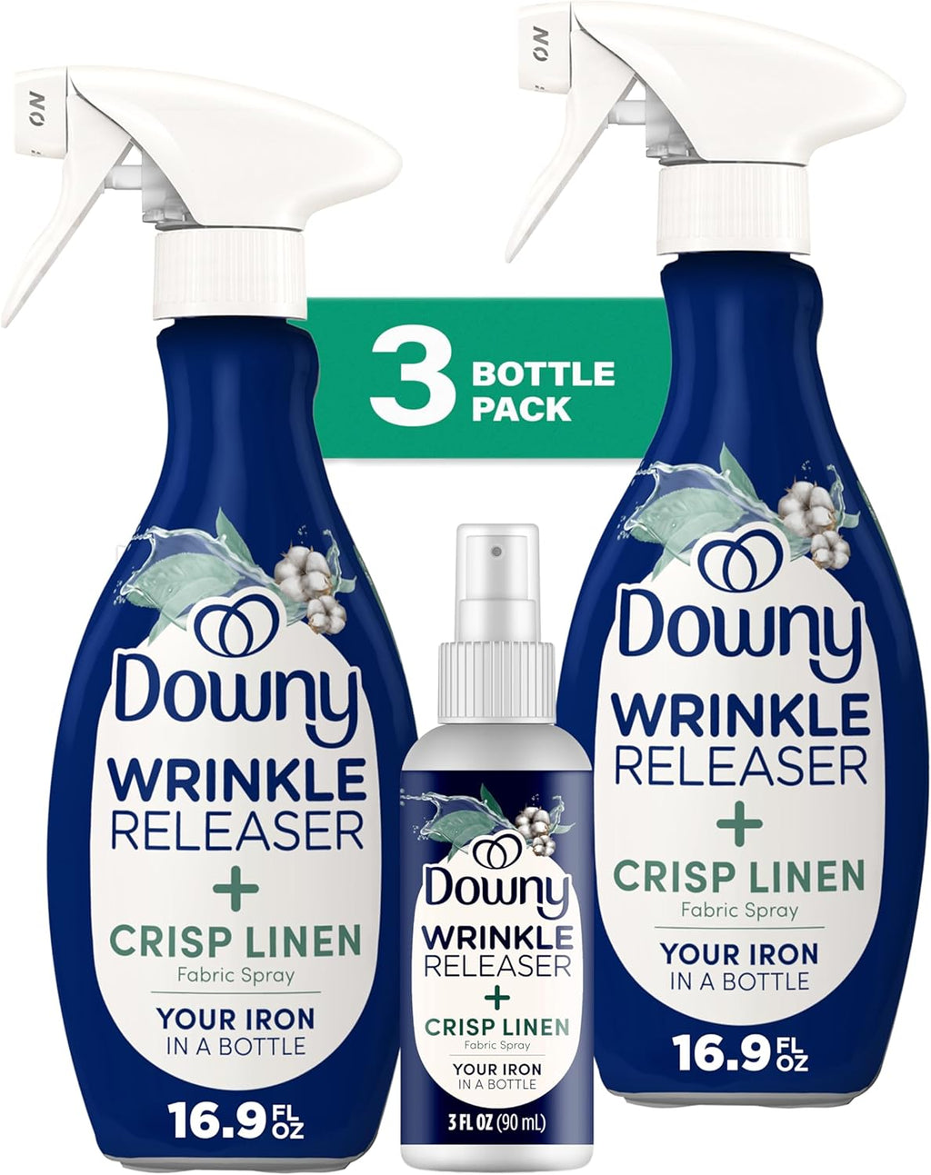 Downy Wrinkle Releaser Spray | All In One Wrinkle Release Spray, Odor Eliminator, Static Remover | Fabric Refresher & Ironing Aid for Clothes | 16.9 Fl Oz (Pack of 2) & 3 FL Oz, Crisp Linen Scent