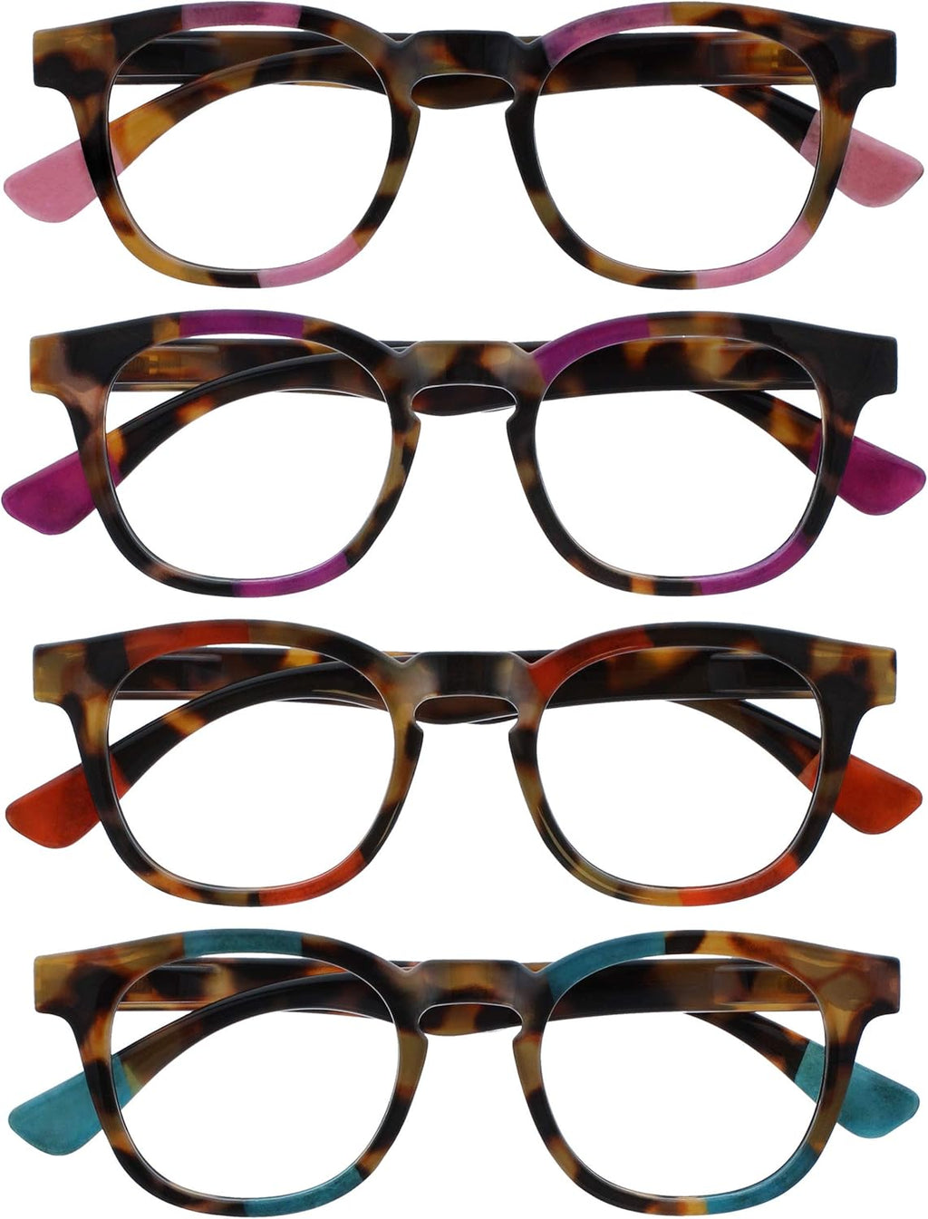 OPULIZE AVA Reading glasses for Women Men,Scratch Resistant Round frame with Spring Hinges, Mixed - Brown With Pink Purple Red Turquoise +1.5 (Pack of 4)