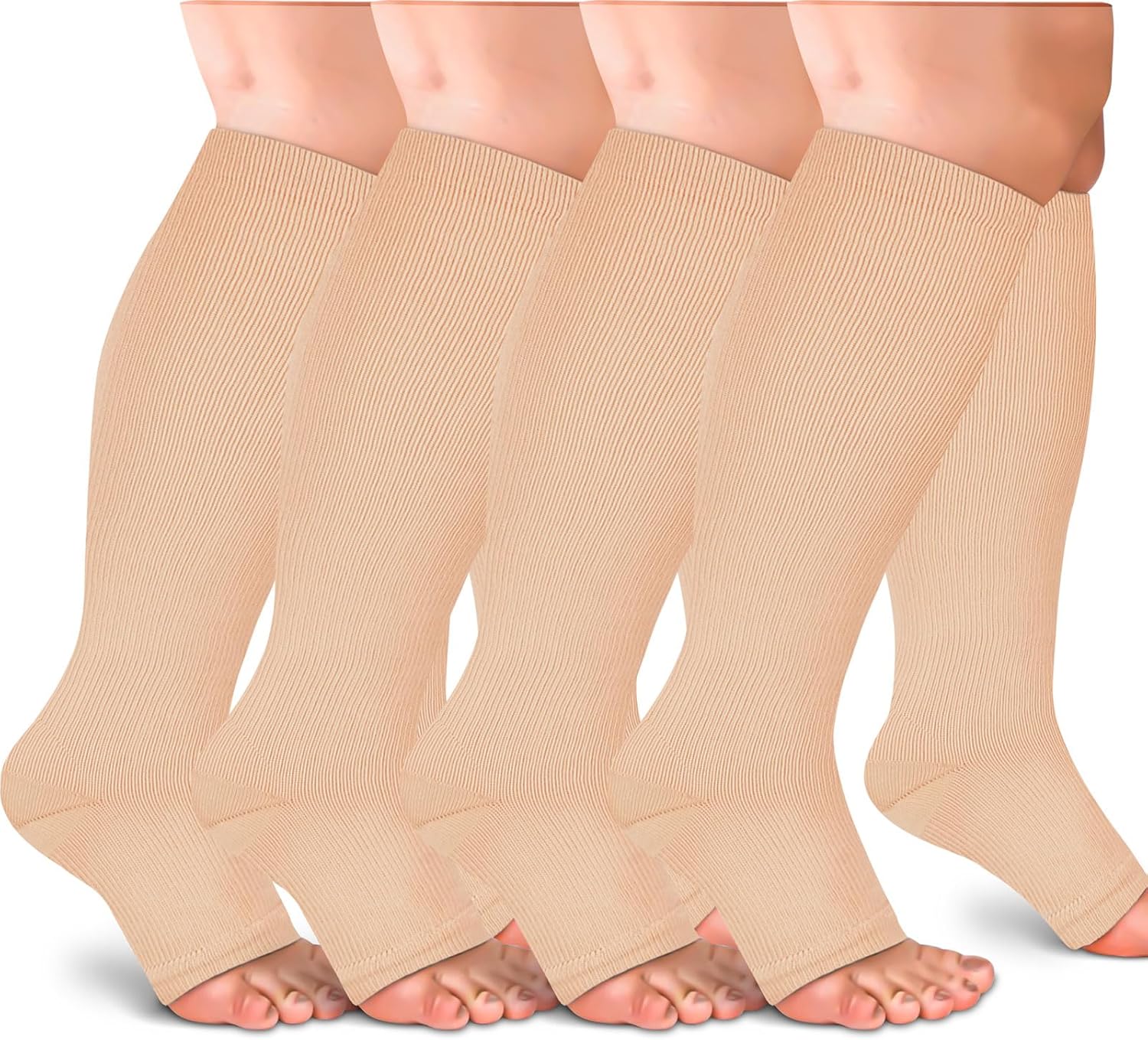 4 Pairs Open Toe Plus Size Compression Socks for Women and Men Wide Calf Extra Large for Circulation Support
