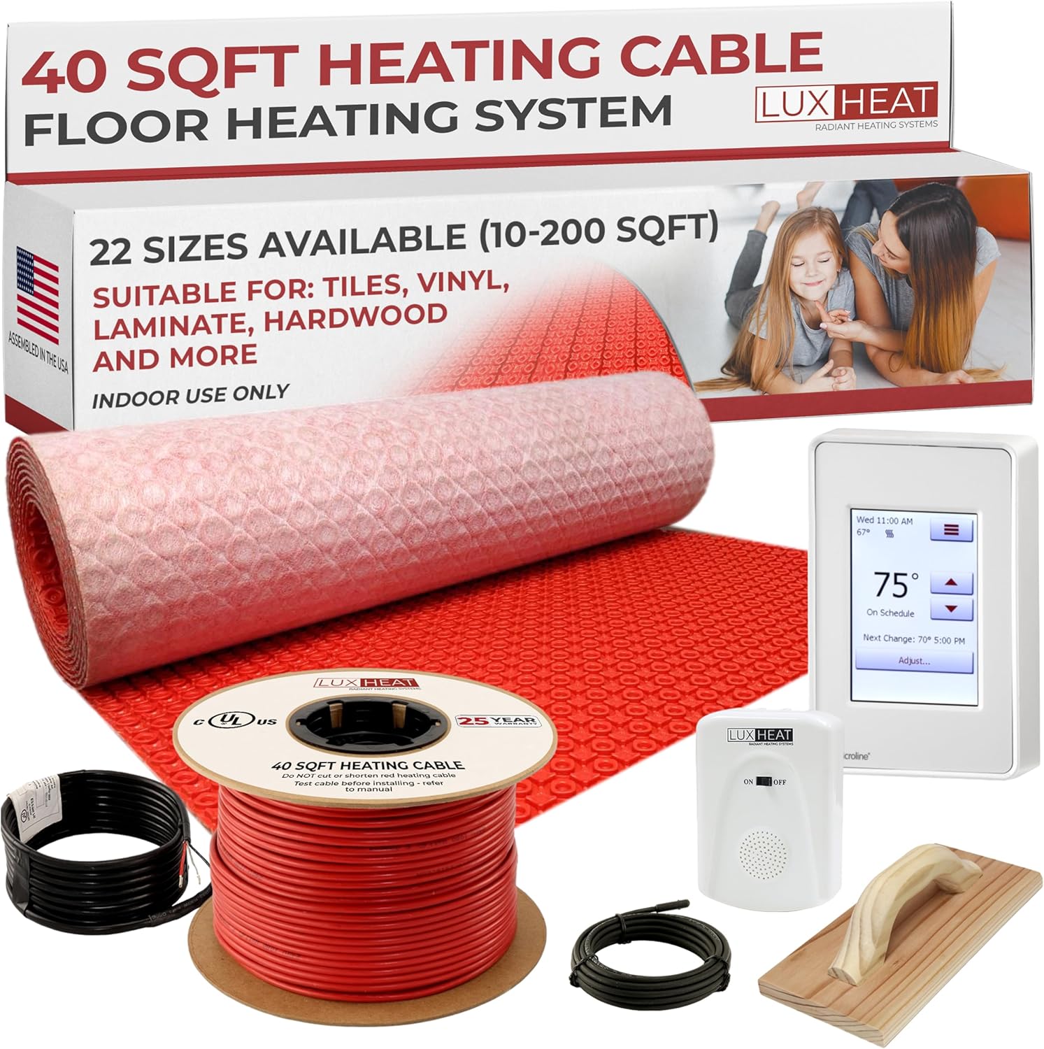LuxHeat 40sqft Electric Radiant Floor Heating System - 120v Underfloor Heating System - Includes UDG4 Programmable Thermostat w/GFCI, Heat Cable, Uncoupling Membrane for Under Tile, Sensor & Alarm