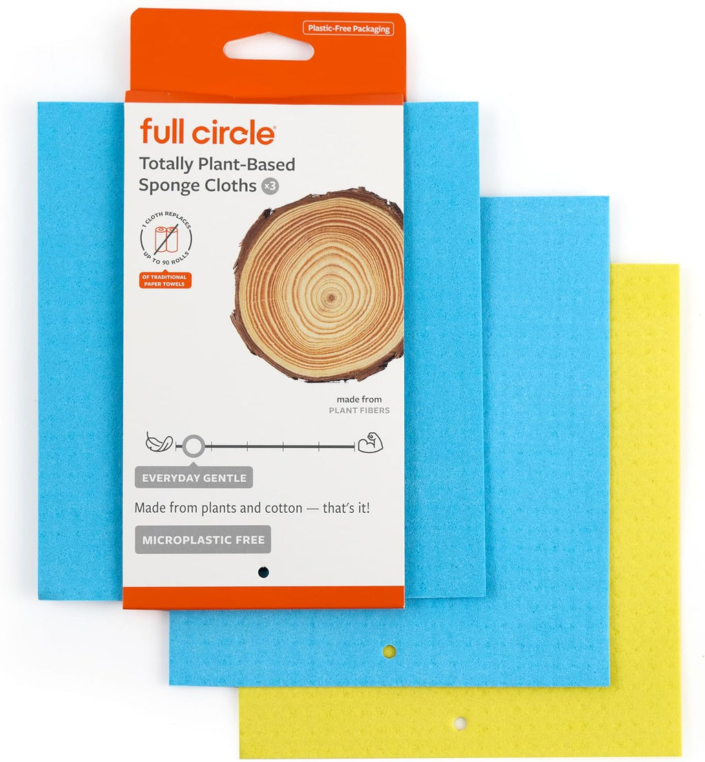 Full Circle Squeeze - Cellulose Sponge Cloths, Super Absorbent Dishtowels, Reuseable Paper Towel Alternative, 100% Natural Plant-Based, 3-Pack, Multicolor
