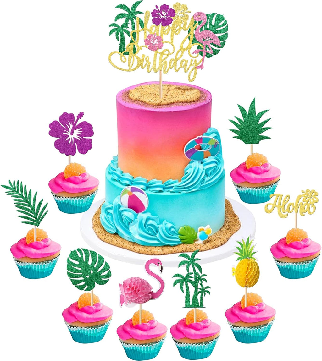 Rsstarxi 25 Pack Tropical Luau Cupcake Toppers with Happy Birthday Flamingo Cake Topper Palm Tree Flamingo Pineapple Cupcake Picks Decorations for Summer Beach Hawaiian Luau Birthday Party Decoration