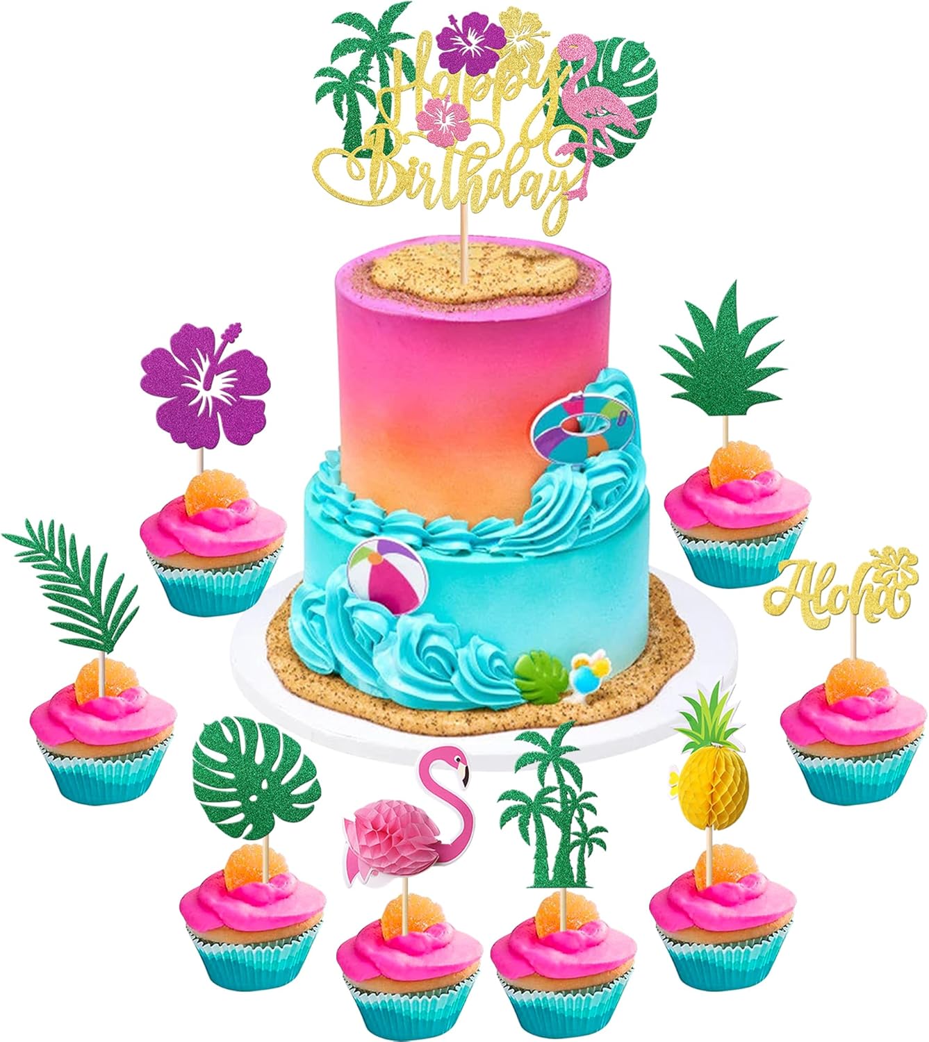 Rsstarxi 25 Pack Tropical Luau Cupcake Toppers with Happy Birthday Flamingo Cake Topper Palm Tree Flamingo Pineapple Cupcake Picks Decorations for Summer Beach Hawaiian Luau Birthday Party Decoration