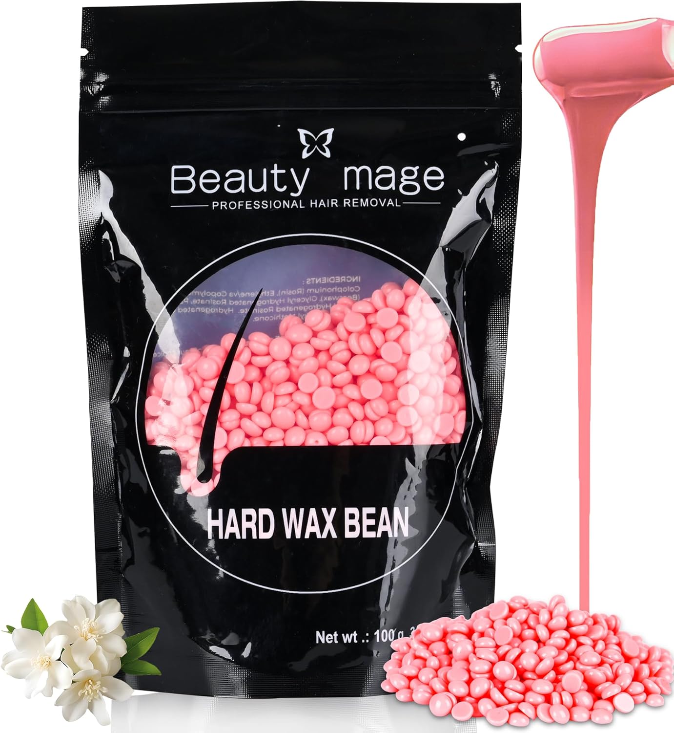 Hard Wax Beans - Chamomile Formula for Sensitive Skin, Hair Removal at Home, Brazilian Bikini, Facial, Legs, Underarms Wax Refill for Women & Men (3.54oz, ROSE)