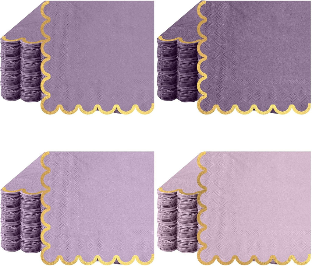 100 Pack Scalloped Cocktail Napkins with Gold Foil Accents Beverage Napkins Scalloped Disposable Paper for Wedding Shower Baby Dinner Birthday Party Supplies 5 x 5''(Purple)