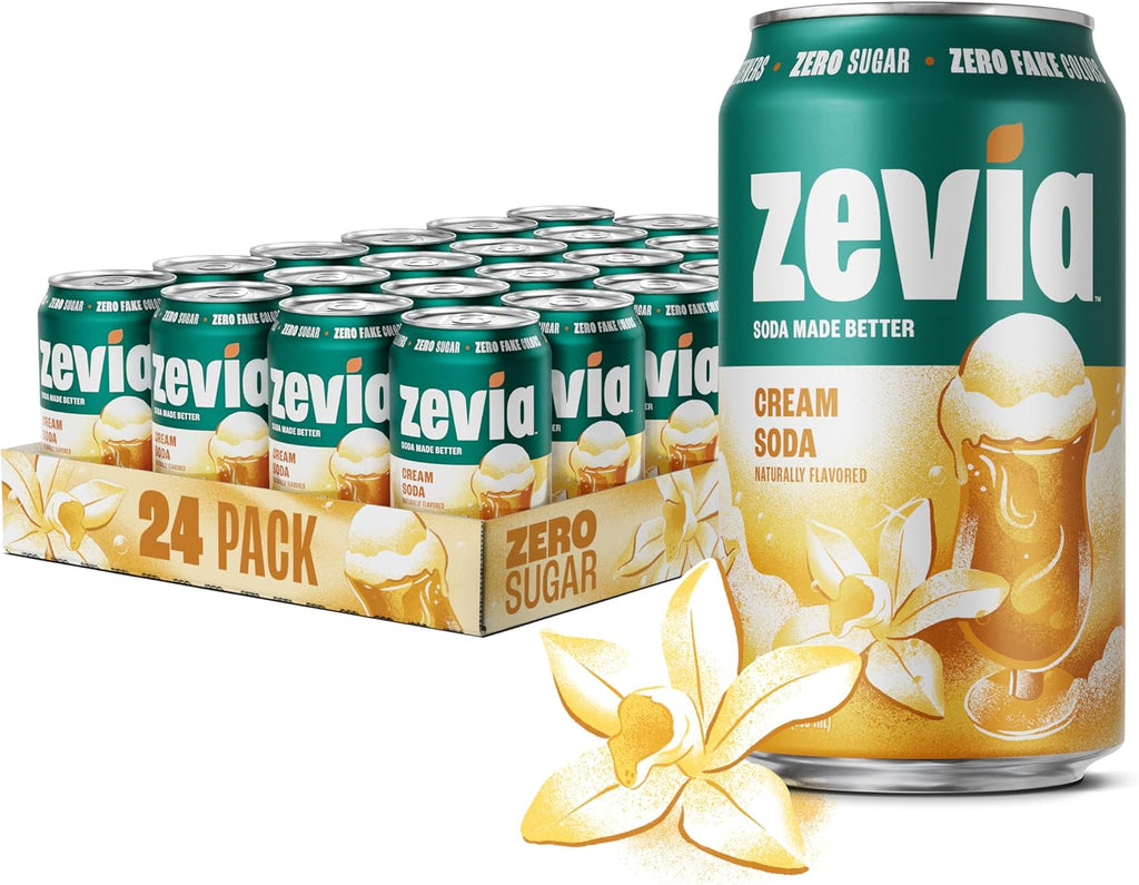 Zevia Zero Sugar Soda, Cream Soda, 12 oz Cans (24-Pack) – Naturally Sweetened, Non-GMO Project Verified, Gluten-Free, Vegan