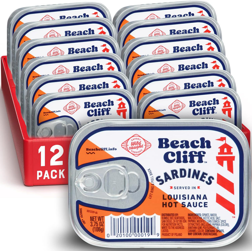 Beach Cliff Wild Caught Sardines in Louisiana Hot Sauce, 3.75 oz Can (Pack of 12) - 14g Protein per Serving - Gluten Free, Keto Friendly - Great for Pasta & Seafood Recipes