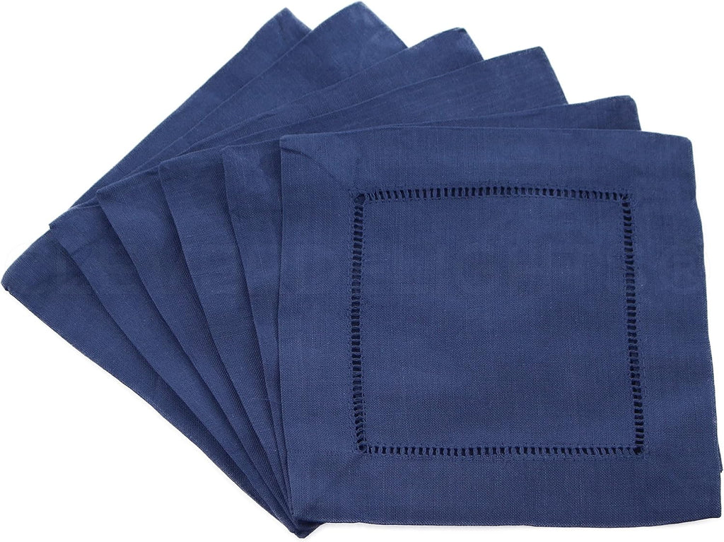 CleverDelights Navy Hemstitch 6" Cocktail Napkins - 12 Pack - 55/45 Linen Cotton Blend