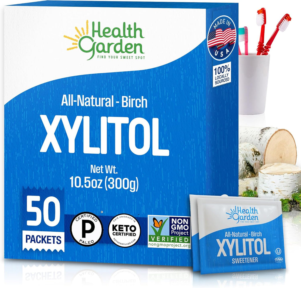 Health Garden Birch Xylitol Sweetener, 50 Packets – 100% Birch-Derived Xylitol Sugar Substitute for Baking & Coffee, 1:1 Sugar Replacement, Supports Teeth, Keto, Vegan, Non-GMO
