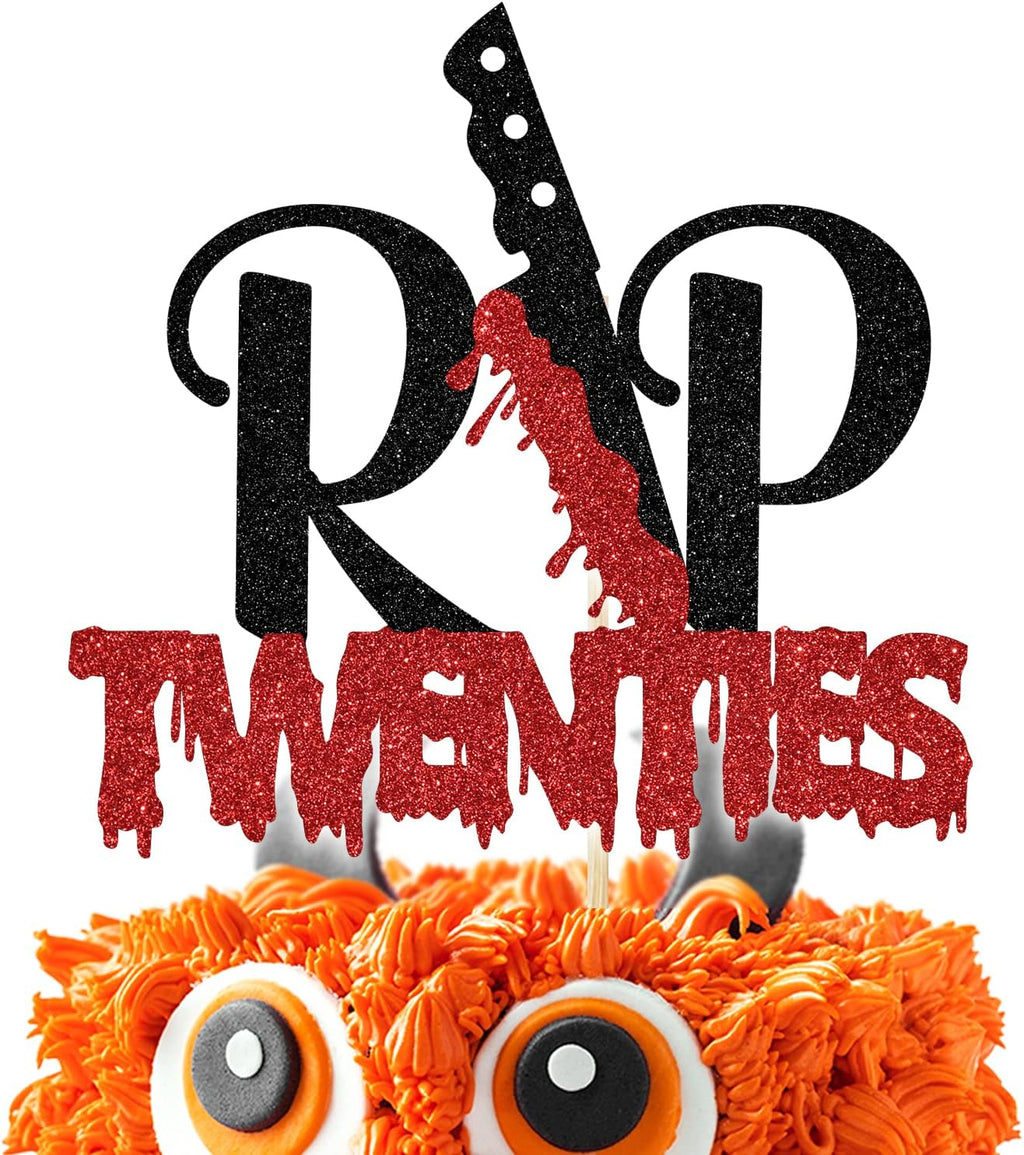 Black Glitter Rip Twenties Cake Topper, Funeral For My Youth/Have A Killer Birthday, Horror Movie Halloween Zombie Vampire Birthday Party Decorations for Women Men