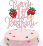 1 PCS Berry 1st Birthday Cake Topper Glitter Sweet Fruit Theme Flower First Birthday Strawberry One Cake Pick for Strawberry Theme Baby Shower 1st Birthday Party Cake Decorations Supplies Pink