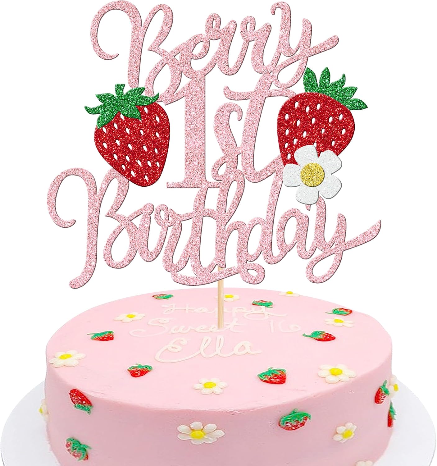 1 PCS Berry 1st Birthday Cake Topper Glitter Sweet Fruit Theme Flower First Birthday Strawberry One Cake Pick for Strawberry Theme Baby Shower 1st Birthday Party Cake Decorations Supplies Pink