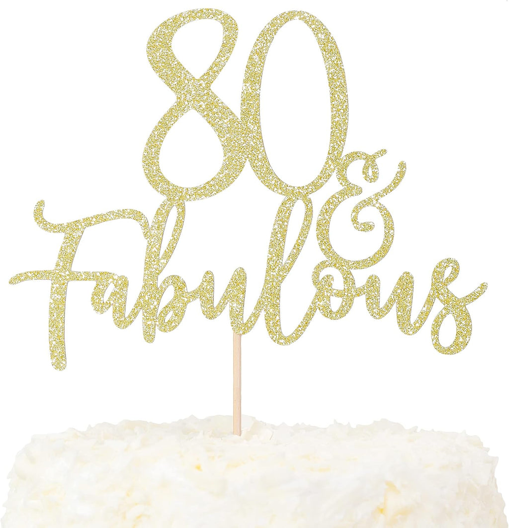 LOVENJOY 80 and Fabulous Birthday Cake Topper Gold Glitter for 80th Birthday Party Decoration