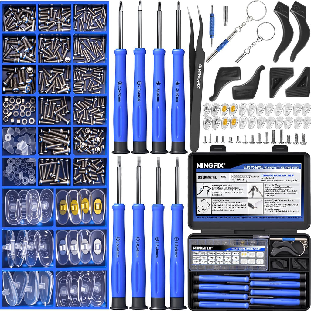 Eye Glasses Repairing Kit, MINGFIX Magnetic Eyeglass Repair Tool Set with Multiple Size Screws,8 Precision Screwdrivers,Nose Pads,Ear Grips and Tweezer with Travel Case for Glasses,Sunglasses