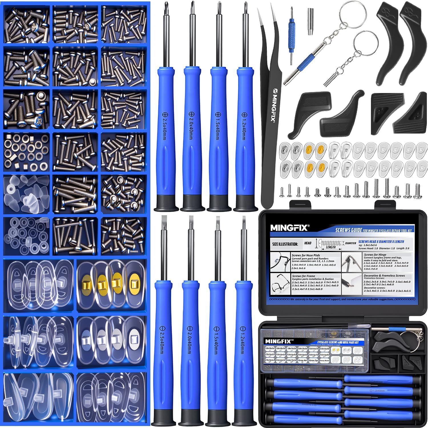 Eye Glasses Repairing Kit, MINGFIX Magnetic Eyeglass Repair Tool Set with Multiple Size Screws,8 Precision Screwdrivers,Nose Pads,Ear Grips and Tweezer with Travel Case for Glasses,Sunglasses