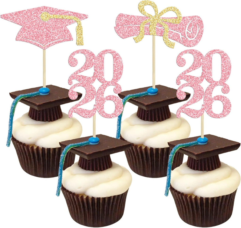 Ephlyn 24Pcs Graduation Cupcake Toppers Glitter Graduation 2026 Diploma Grad Cap Cake Topper Decorations for 2026 Grad Theme Party Cake Decoration Supplies Pink Gold