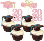 Ephlyn 24Pcs Graduation Cupcake Toppers Glitter Graduation 2026 Diploma Grad Cap Cake Topper Decorations for 2026 Grad Theme Party Cake Decoration Supplies Pink Gold
