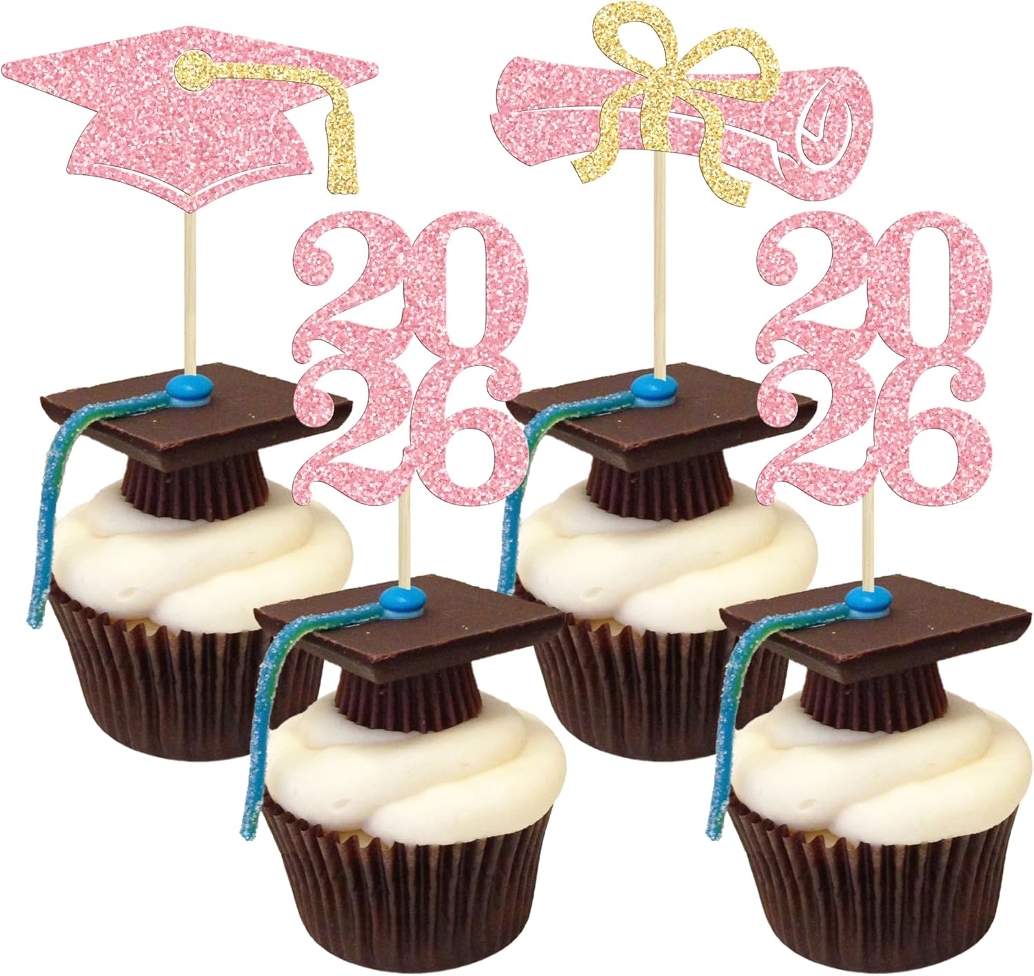 Ephlyn 24Pcs Graduation Cupcake Toppers Glitter Graduation 2026 Diploma Grad Cap Cake Topper Decorations for 2026 Grad Theme Party Cake Decoration Supplies Pink Gold