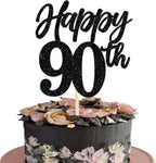 Rsstarxi 1 Pack Happy 90th Birthday Cake Topper Glitter Cheers to 90 Years Hello 90 Fabulous Cake Pick for Men Women Happy 90th Birthday Anniversary Party Cake Decorations Black