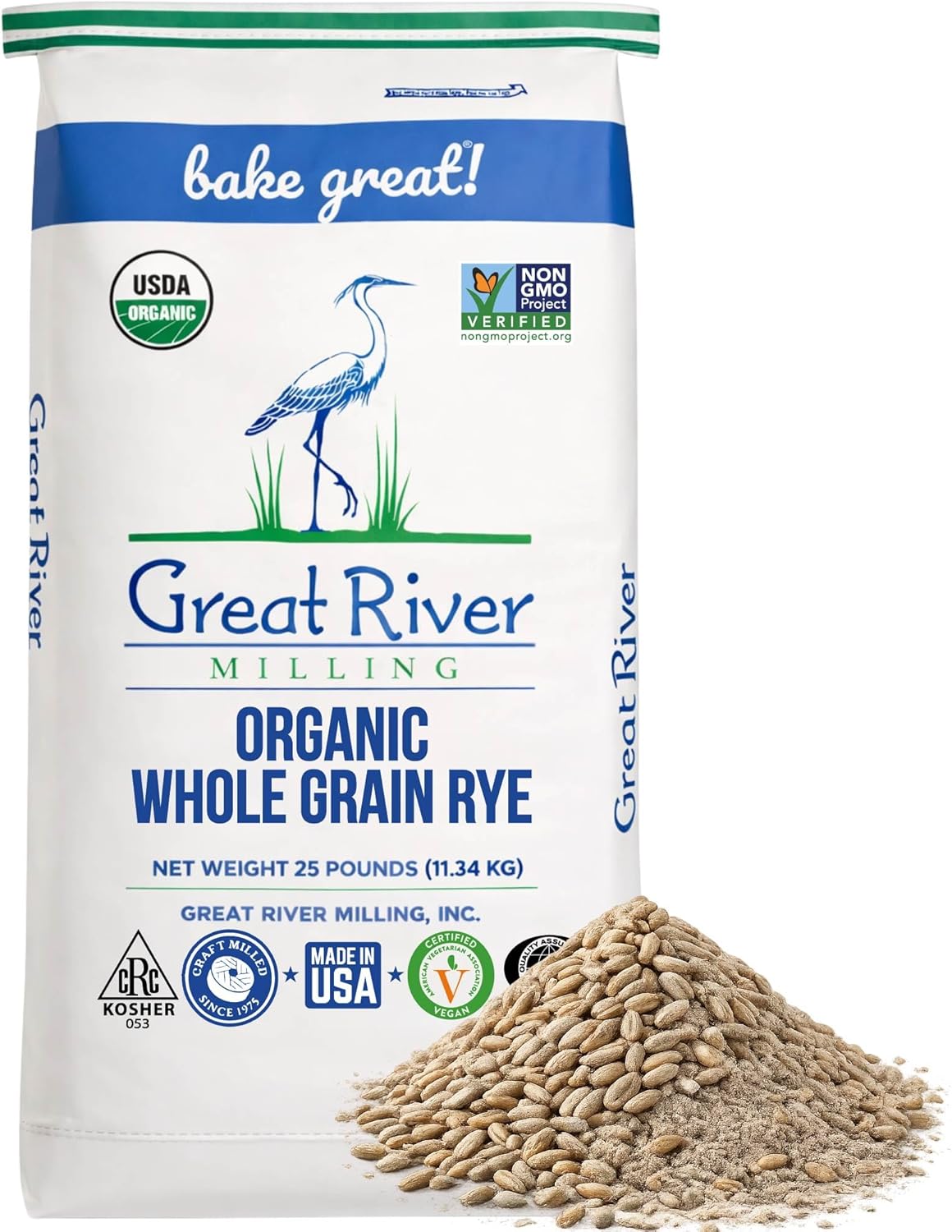 Great River Milling Organic Whole Grain Rye Berries | High-Fiber, Nutrient-Rich Ancient Grain | Non-GMO, Kosher | Ideal for Baking, Sourdough, Salads, Pilaf & Soups | 25 Lb (Pack of 1)