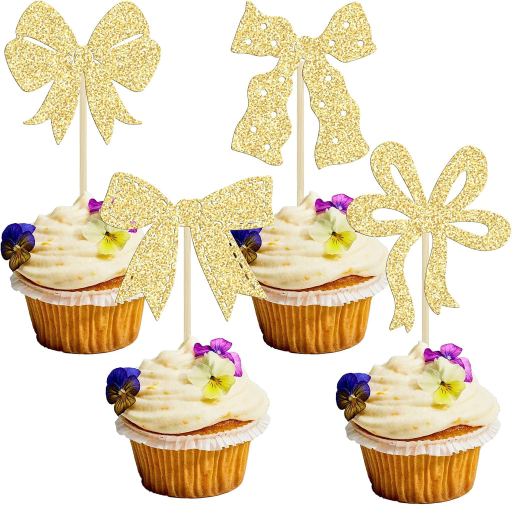 Ephlyn 24 Pcs Gold Bow Cupcake Toppers for Birthday, Baby Shower, Bridal Shower, Wedding, Bachelorette Party