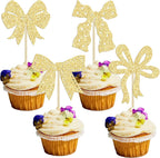 Ephlyn 24 Pcs Gold Bow Cupcake Toppers for Birthday, Baby Shower, Bridal Shower, Wedding, Bachelorette Party
