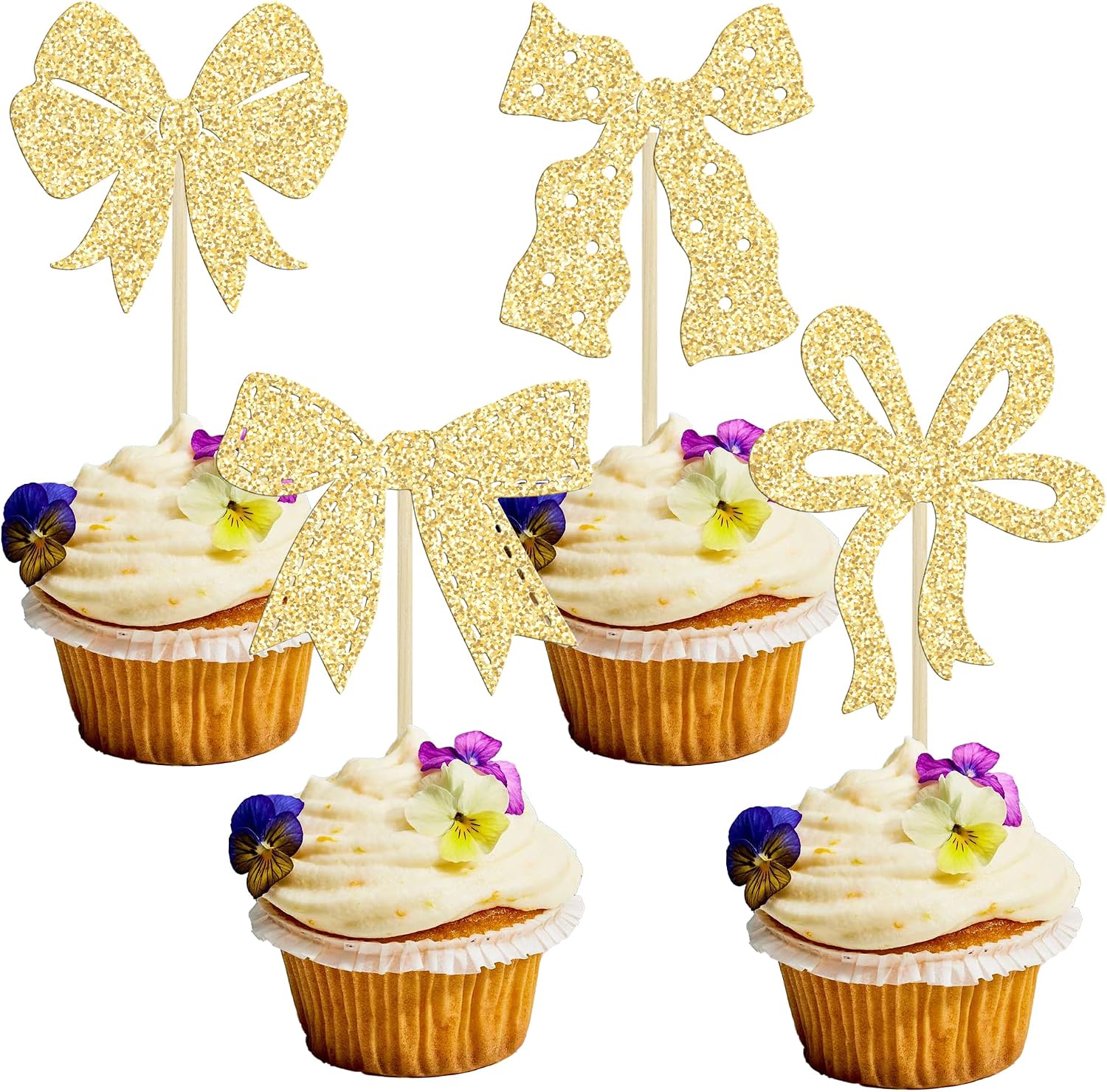Ephlyn 24 Pcs Gold Bow Cupcake Toppers for Birthday, Baby Shower, Bridal Shower, Wedding, Bachelorette Party
