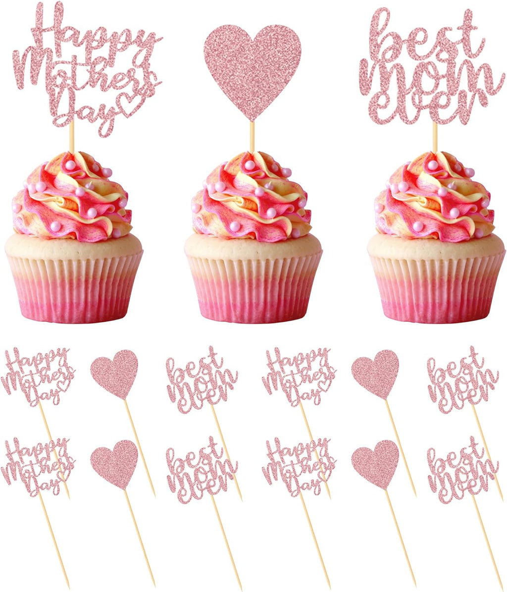 24 Pack Pink Glitter Happy Mothers Day Cupcake Toppers Best Mom Ever Cake Toppers Heart Cupcake Picks for Happy Mothers Day Birthday Party Cake Dessert Decorations
