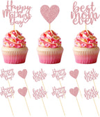 24 Pack Pink Glitter Happy Mothers Day Cupcake Toppers Best Mom Ever Cake Toppers Heart Cupcake Picks for Happy Mothers Day Birthday Party Cake Dessert Decorations