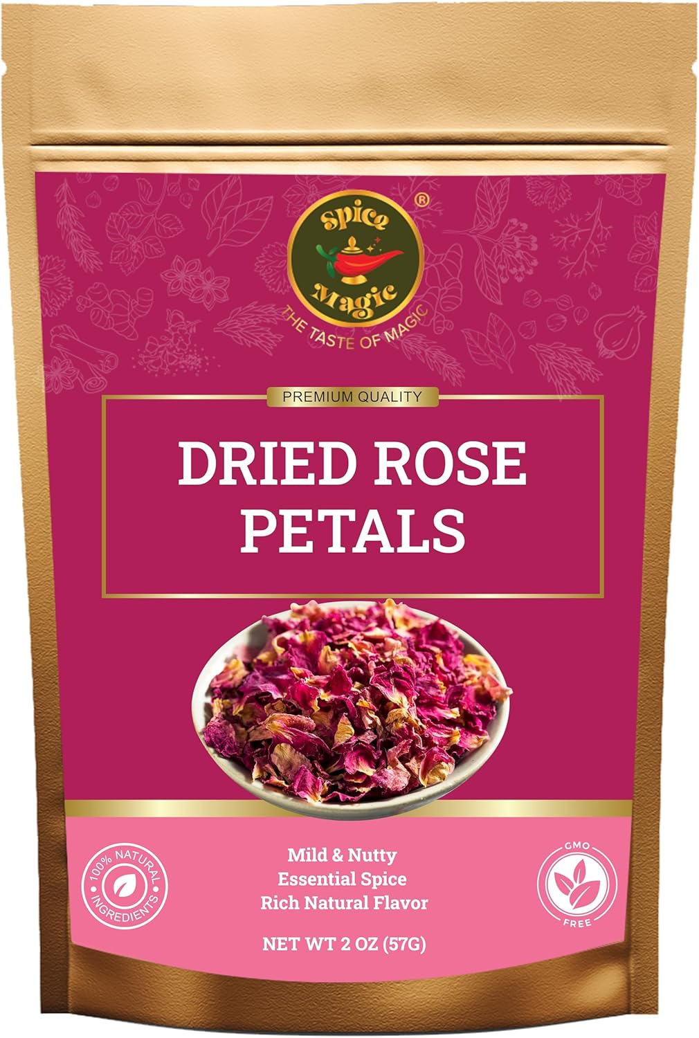 Spice Magic Dried Rose Petals | 100% Natural & Edible Rose Petals I Perfect for Herbal Teas, Desserts, Cupcake Toppings, Crafts and Decoration | Net Wt 2oz (57g)