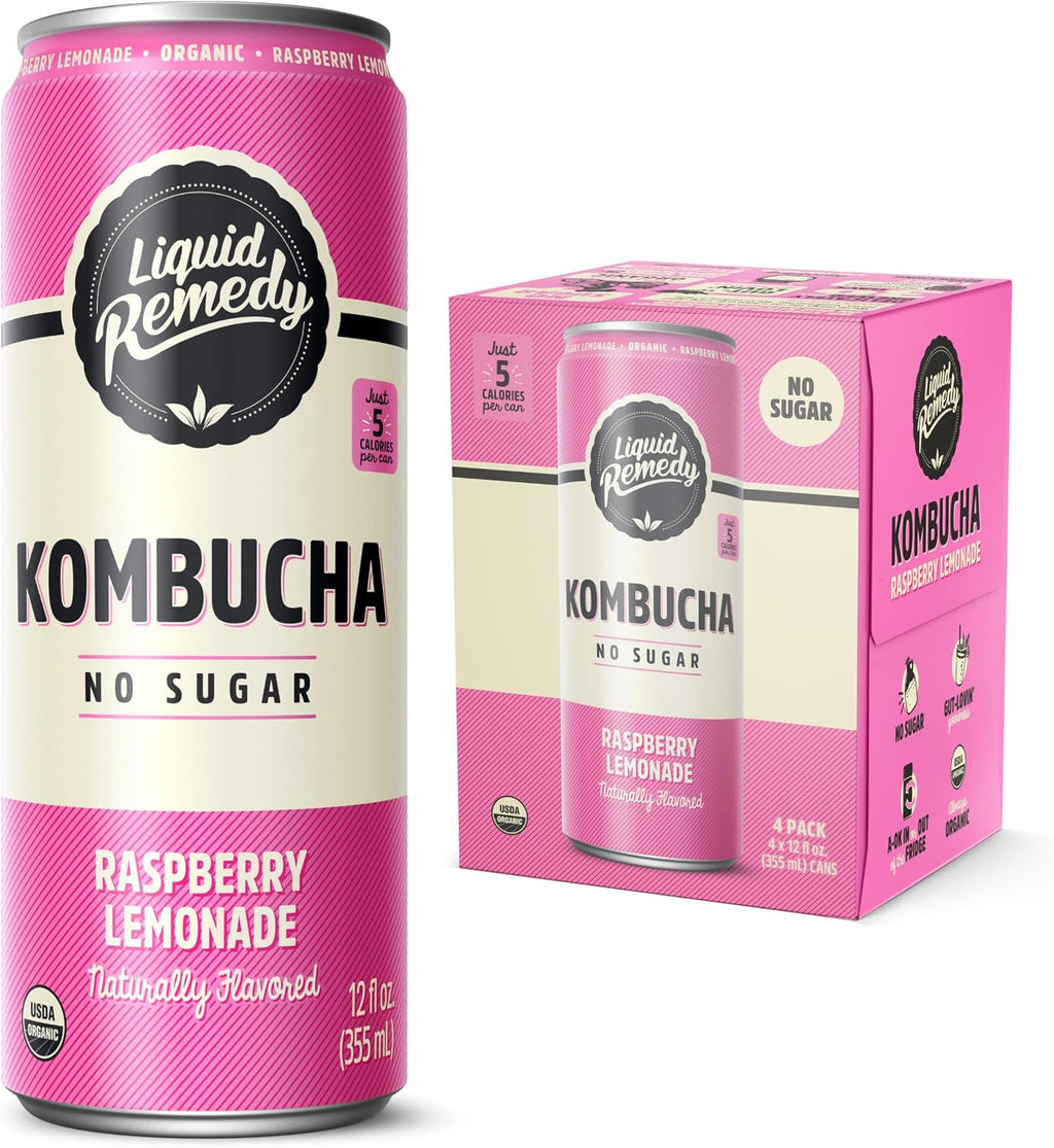 Liquid Remedy Kombucha Sugar Free Organic Drink, Low Calorie, Probiotic Like Tea for Gut Health - Raspberry Lemonade - 12 Fl Oz Can, 4-Pack