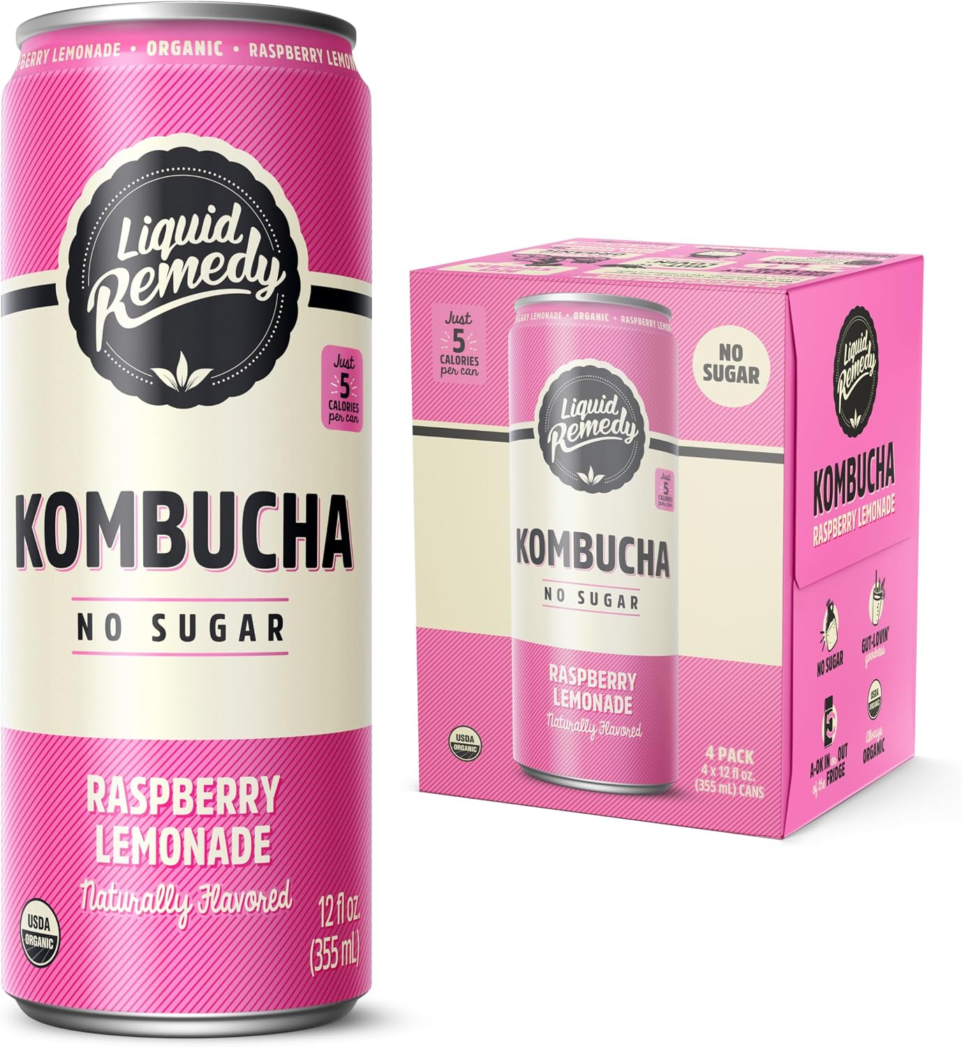 Liquid Remedy Kombucha Sugar Free Organic Drink, Low Calorie, Probiotic Like Tea for Gut Health - Raspberry Lemonade - 12 Fl Oz Can, 4-Pack