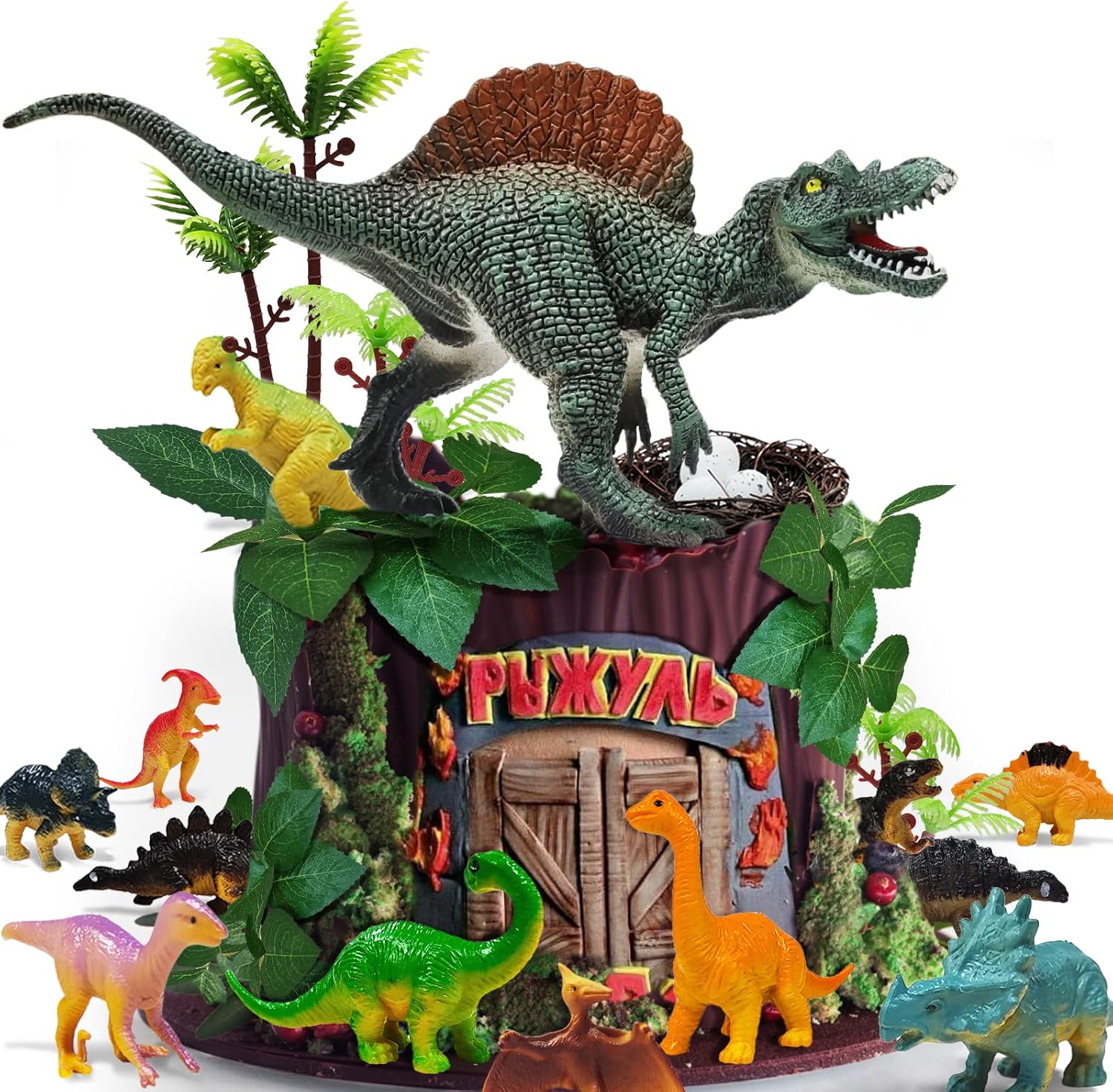 26 PCS Dinosaur Cake Toppers With Dinosaur Eggs, Leaves, Trees - Cake Decorations For Kids Birthday Party
