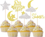 24 Pack Little Star Cupcake Toppers Glitter Moon Cloud Cupcake Picks Twinkle Star Baby Shower Kids Birthday Wedding Party Cake Decorations Supplies Gold