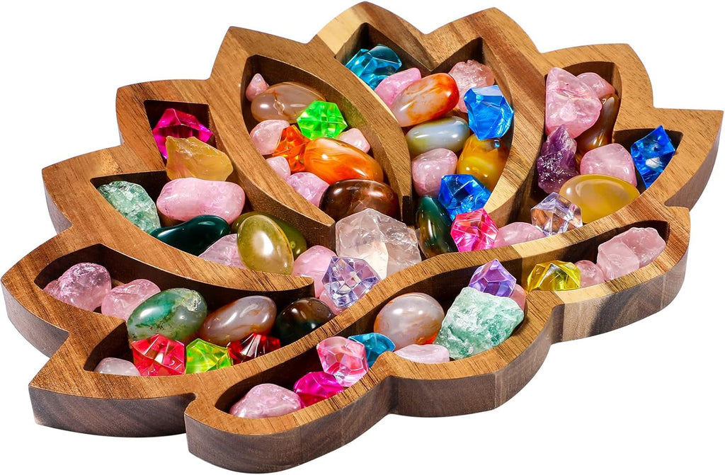 Vesici Lotus Crystal Tray for Stones Crystals and Healing Stones Flower Wooden Crystal Storage Holder Tray Lotus Shape Decorative Jewelry Display Trays Organizer Bowl Decor(Classic)