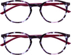 OPULIZE MET Reading Glasses for Women Men, Slim Round Frame with Spring Hinges and Scratch Resistant, Purple +2 (Pack of 2)