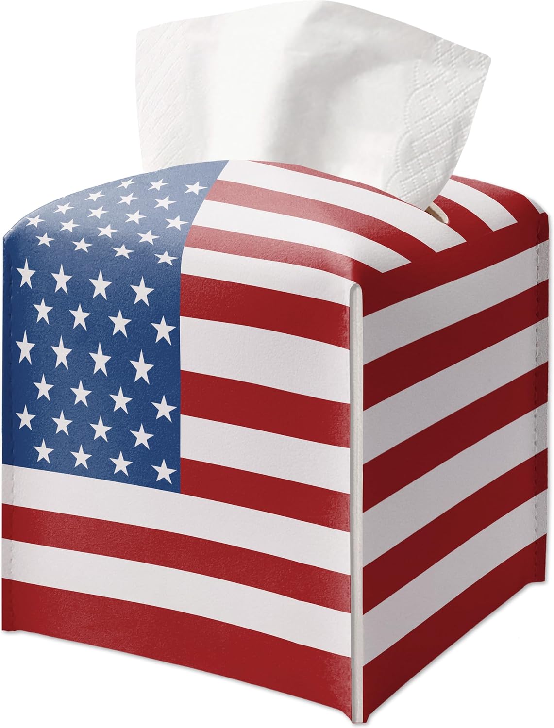 Tissue Box Holder Square, Car Napkin Holder Gift Ideas for Friends Family Coworkers, American Flag Decorative Tissue Box for Office Farmhouse, Patriotic Housewarming Gift(5.2 Inches)-A75