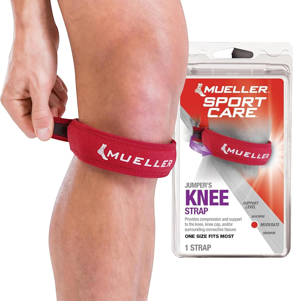 MUELLER Sports Medicine Jumper's Knee Single Strap for Men and Women, Knee Compression and Pain Relief Support, Ideal for Osgood-Schlatter's, Patellar Tendinitis, One Size