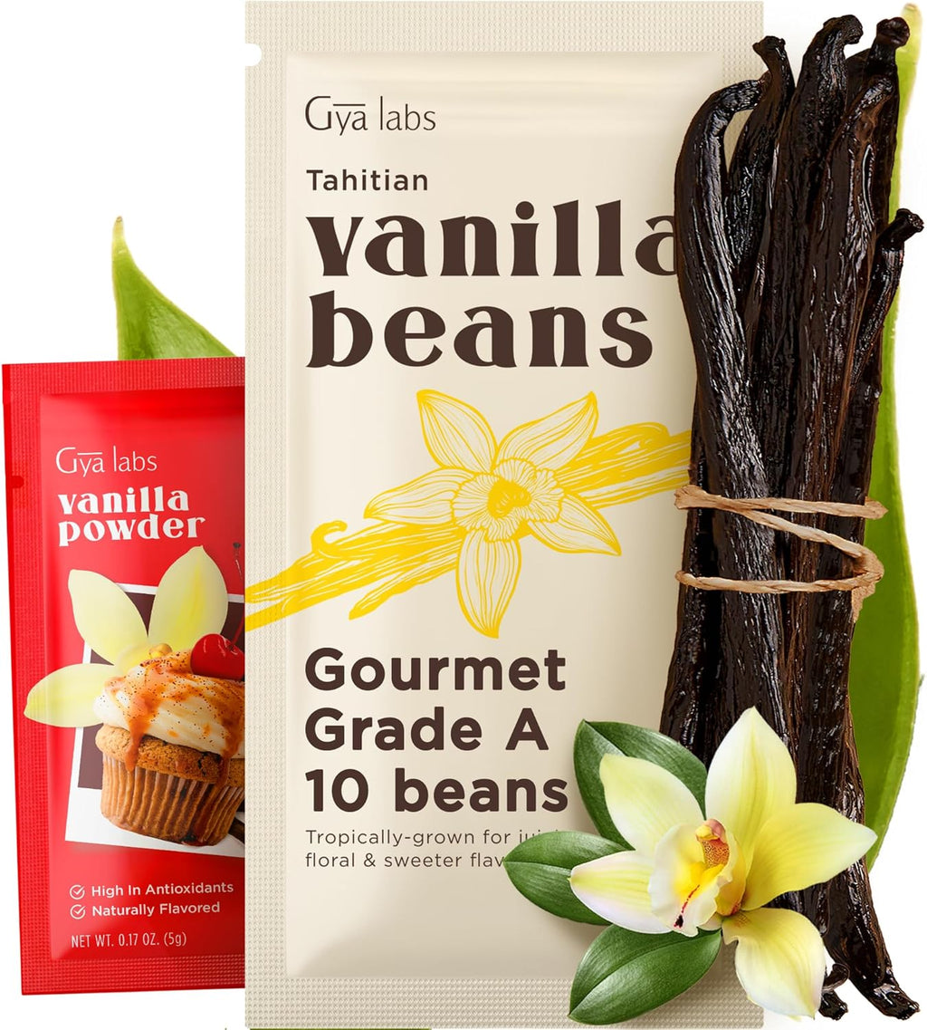 Gya Labs 10 Tahitian Vanilla Beans - Grade A 5-7 Inches Long, Caviar Rich & Flavorful Pods for Making Extract, Baking, Cooking, Paste & Coffee
