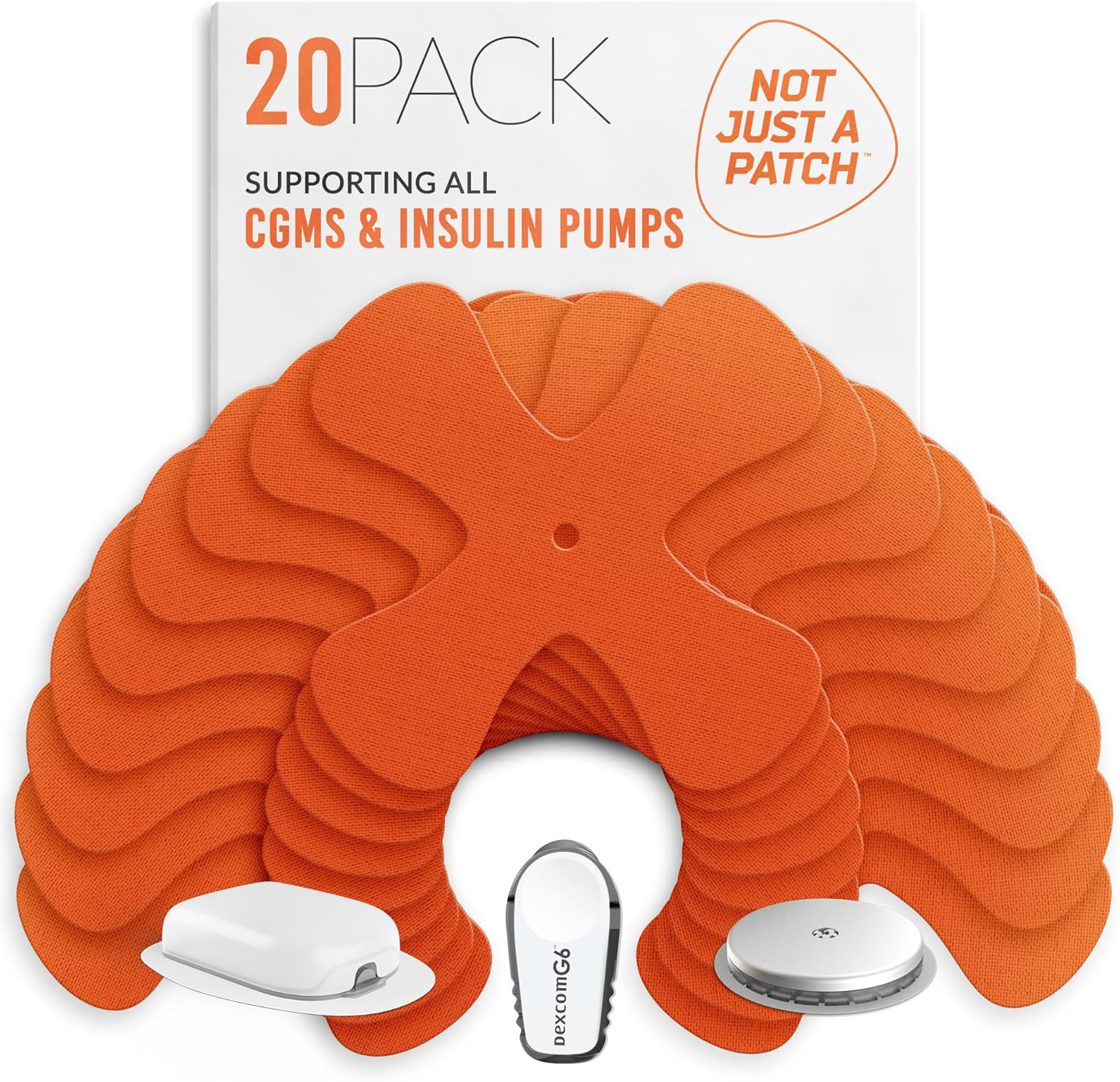 Not Just A Patch X-Patch CGM Sensor Patches (20 Pack) - Water Resistant Omnipod 5 Adhesive Patches - Durable for Active Lifestyle for 10-14 Days - Compatible with Dexcom G6, Libre 2 in Orange