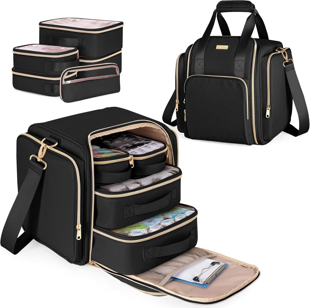 Medicine Storage Bag with 5 Removable Pouches, Pill Bottle Organizer Bag with Shoulder Strap, Large Medication Travel Bag for Medical Supplies, Black(Only Empty Bag)