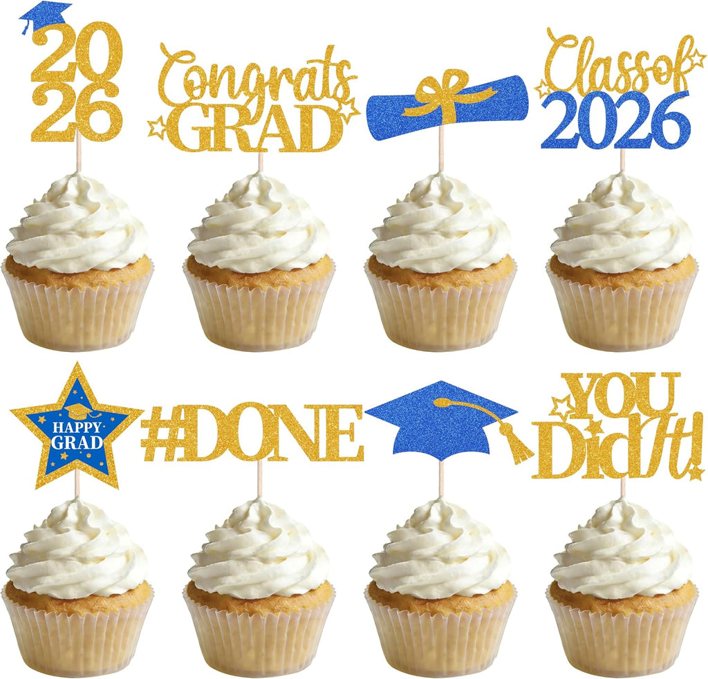 Graduation Cupcake Toppers 2026,48Pcs Blue Gold Graduation Cake Toppers,Congrats Grad Cake Decorations Class of 2026 Cupcake Toppers,Blue Grad Cupcake Toppers for Graduation Party Decorations